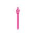 A pink pen with a cute bear topper featuring a flower design. The pen has a logo on its barrel.