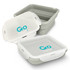 A collapsible lunch box in grey and white, featuring a logo, with two containers stacked.