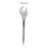 A spanner-shaped ballpoint pen in silver with a branding logo.