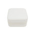A white PU leather jewellery box with a squared shape and zipper closure. It features a subtle texture and a logo.