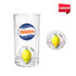 A clear glass cup featuring a yellow custom spinner toy inside. The cup has a logo on it.