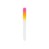 A gradient coloured glass nail file featuring pink and yellow hues, transitioning smoothly to clear at the tip.