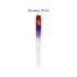 A gradient coloured glass nail file featuring a purple to red fade. It has a branded logo on the handle.