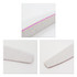 A half moon-shaped nail file in grey and pink with a textured surface and a branding logo.