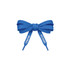 Blue custom shoe laces tied in a bow, featuring a logo and tags on the ends.