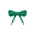 A pair of green custom shoe laces tied in a bow, featuring text on the ends and a logo.