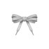 A pair of grey custom shoe laces tied in a bow with silver tips and branding on the ends.
