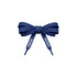 A pair of navy blue custom shoe laces tied in a bow, featuring brand tags on the ends.