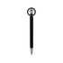 A black pen shaped like a fidget spinner, featuring a silver wheel design at the top and a chrome tip.