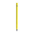 A yellow pencil with a sleek design and a silver band near the top, featuring a branding logo.