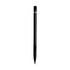 A black pencil with a sleek design featuring a silver accent and pointed tip, accompanied by a logo.