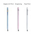 Three coloured pencils in blue, pink, and white, featuring different printing methods and a logo on each.