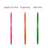 A promotional double-ended pencil and ballpoint pen in pink, orange, and green, featuring a logo.