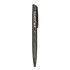 A metallic black ballpoint pen with a clip and a logo, featuring a sleek and elegant design.