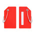 A red soft silicone luggage tag with a clear window for name details and metal wire attachments.