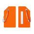 An orange silicone luggage tag featuring a slot for identification and metal attachment loops.