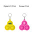 A yellow and a pink keychain featuring three bubble buttons and a logo on each, attached to a metal keyring.