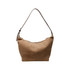 A tote bag in light brown canvas with a brown shoulder strap and a zip closure, featuring a logo.