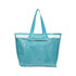 A turquoise tote bag with a detachable PVC cover and sturdy handles. It features a clear front panel and spacious interior.