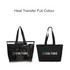 A promotional tote bag in black alongside a transparent tote with a detachable PVC cover, both featuring a logo.