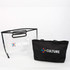 A black tote bag with handles next to a transparent PVC cover, both featuring a logo.
