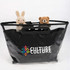 A black tote bag with a detachable PVC cover, featuring two plush toys peeking out from the top.