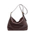 A brown polyurethane tote bag with a slouchy design and a single shoulder strap. It features a logo.