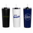 Three vacuum tumblers in black, white, and navy blue, each with a straw and a logo on the front.