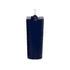 A drink bottle featuring a navy blue finish with a lid and straw, designed for vacuum insulation.