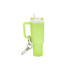 A glow-in-the-dark mini tumbler keyring in lime green, featuring a straw and a keyring attachment. Includes a logo.