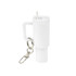 A white mini tumbler keyring with a straw and a silver keychain clip. It includes a handle for easy carrying.