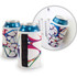 A drink bottle holder with a colourful abstract design, featuring two holders and a magnet for attachment.