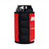 A drink can wrapped in a red magnetic stubby holder with a black fabric side and a logo.