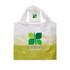A foldable shopping bag in white and green, featuring a logo and text on the front.