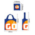 A foldable shopping bag in blue and orange, featuring a logo, with dimensions displayed.