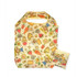 A foldable shopping bag in cream with colourful illustrations of animals, fruits, and flowers, accompanied by a matching pouch.