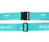 A poly ribbed luggage belt in a vibrant teal colour with adjustable buckles and a logo.