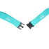 A turquoise luggage belt with a black buckle, featuring a logo and written text on it.