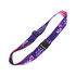 A woven luggage belt in purple with a black buckle, featuring a logo and text design along its length.