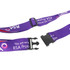 A purple woven luggage belt with a buckle, featuring a logo and text design.