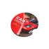 A round, full-colour neoprene car coaster featuring a red car design and a logo.