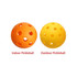Two pickleballs are displayed: one orange for indoor use and one yellow for outdoor use, both featuring multiple holes.