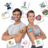 A man and woman smiling, showcasing a variety of colourful temporary tattoos on their arms, with logos in the background.