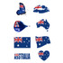A collection of temporary tattoos featuring Australian flags, a butterfly, a map outline, and a heart, in blue and white.