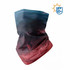A multi-purpose headwear product in blue and red tones with a branded logo and UPF 50+ protection.