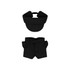 A black racing suit set for a 10cm plush doll, including a cap and shorts. Features a branded logo.