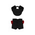 A black racing suit set for a 10cm plush doll, featuring a matching cap and shorts with red accents.