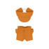 An orange plush doll racing suit set featuring a cap and shorts, designed for a 10cm doll.