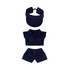 A navy blue plush doll racing suit set featuring a visor, shirt, and shorts, suitable for 15–17cm dolls.
