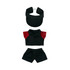 A black racing suit set for dolls, featuring a visor, red and black top, and black shorts.